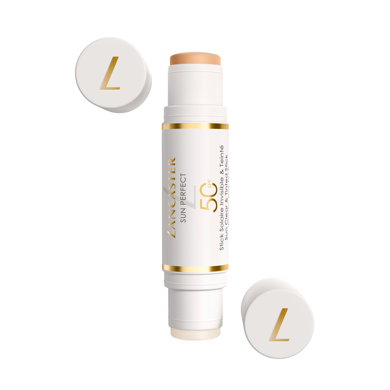 Double stick solaire invisible et teinté SPF 50, Lancaster, 50 euros les 12 gr.