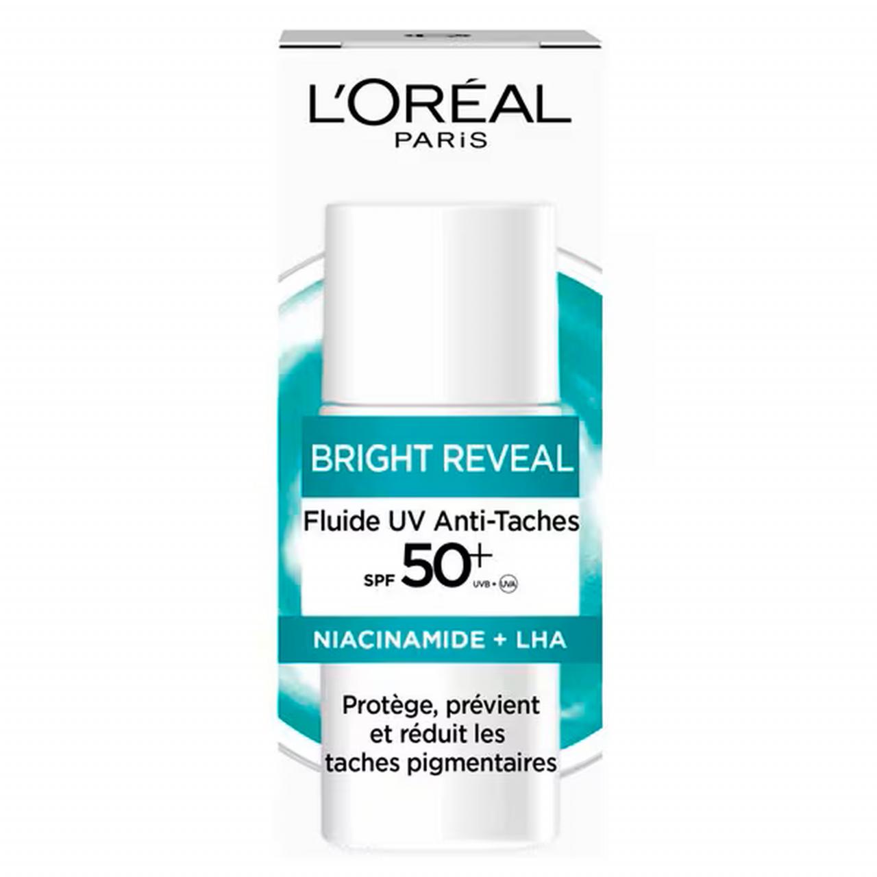 Fluide UV Anti-tâches SPF 50+ Niacinamide + LHA, L’Oréal Paris, 18,99 euros les 50 ml.