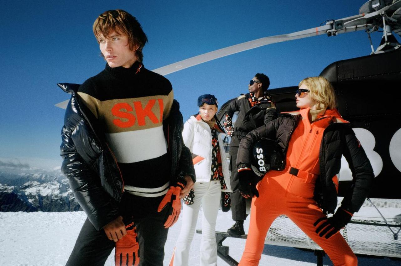 Wintersportcollectie van Hugo Boss in samenwerking met het skimodemerk Perfect Moment. Prijs trui: 295 euro, skidonsjas: 870 euro, skibroek: 665 euro en eendelig skipak: 999 euro.