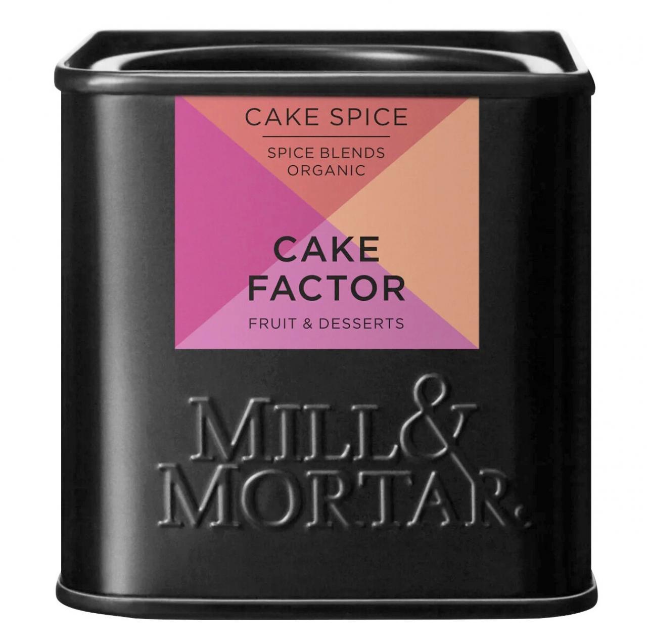 Cake Factor is een kruidenmix voor gebak met kaneel, steranijs, piment, gember, kruidnagel en nootmuskaat - € 8,40 - Mill & Mortar  via goodfoodshop.be.
