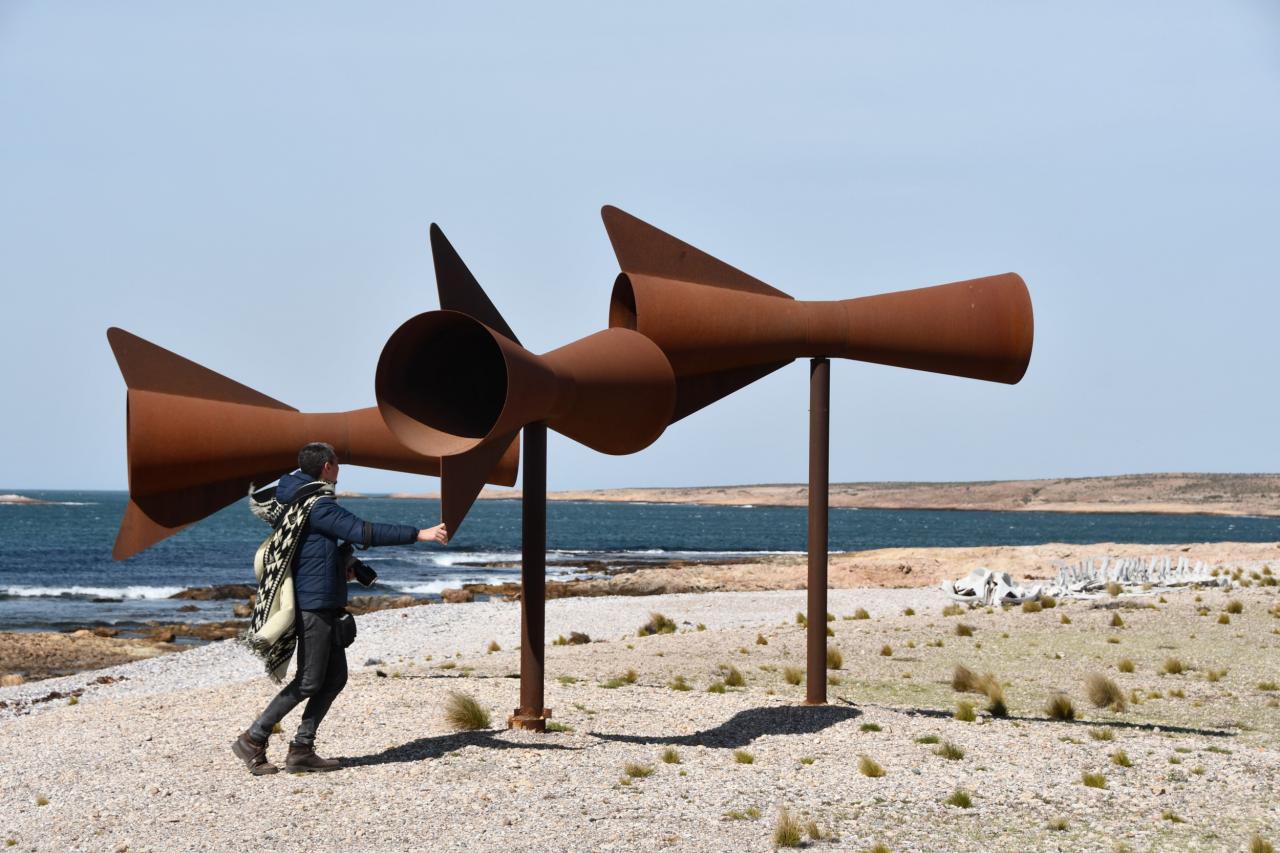 Kunstwerk op een onherbergzaam strand bij Bahía Bustamante.