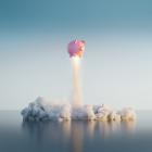 Illustratie van een roze varken dat de lucht inschiet boven een grote massa water.