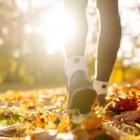 Onderaanzicht van persoon die wandelt door herfstbladeren