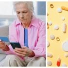 Aan linkerkant zien we oudere dame in roze hemd met smartphone en bankkaart. Rechts zien we medicijnen op een gele achtergrond.