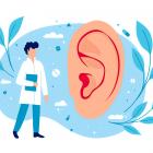 Illustratie van een grote oorschelp en een dokter.