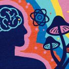 Illustratie van het brein met paddo's en concepten van onderzoek en studie naar een positieve werking op mentaal welzijn.