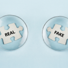 Twee vergrootglazen met een puzzelstukje waarop de woorden ‘Fake’ en ‘Real’ staan, op een blauwe achtergrond
