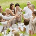 Familie en vrienden klinken rond de feesttafel op een grasveld.