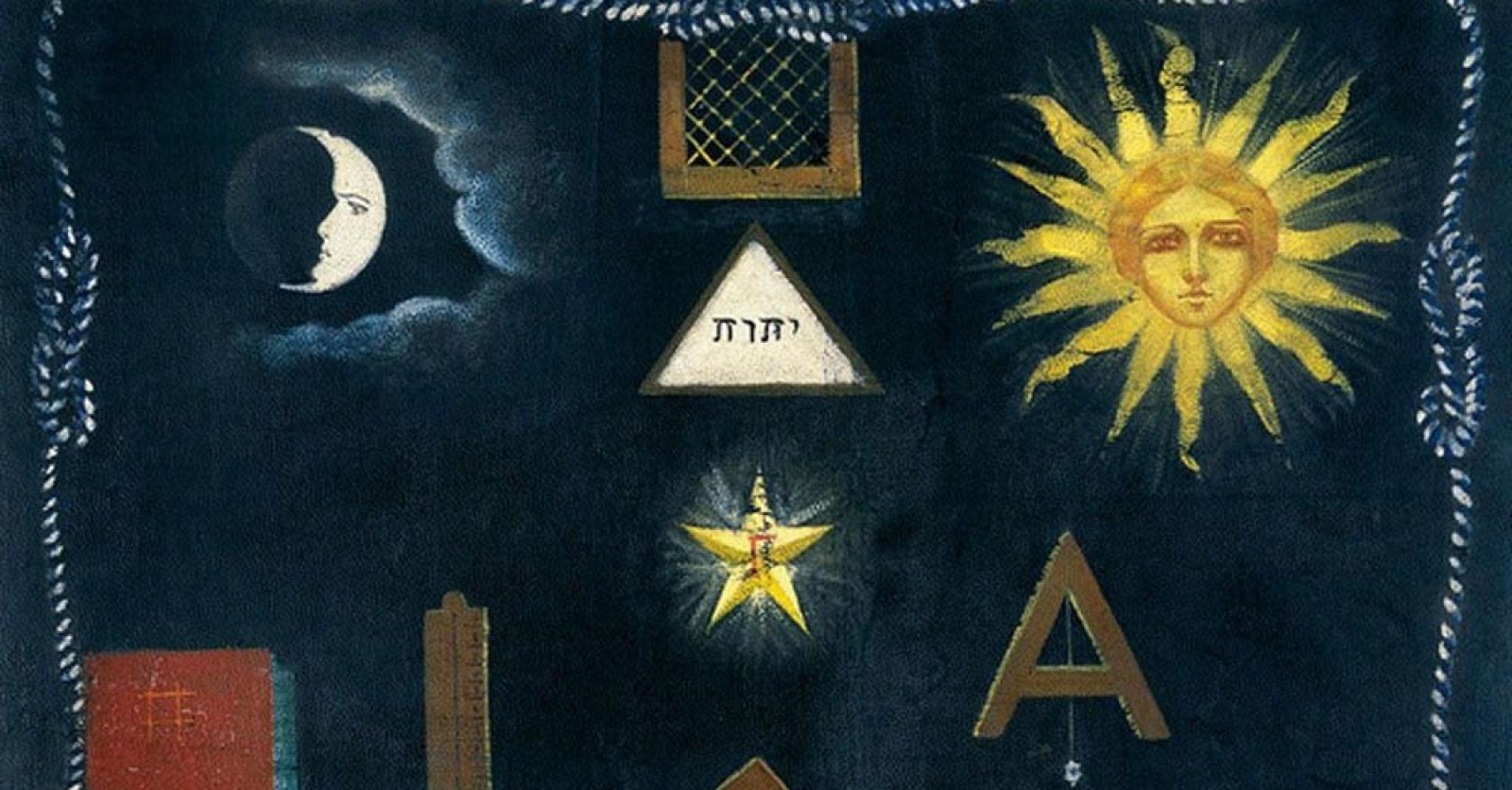 Détail d’un ancien tapis de loge  maçonnique montrant le Soleil et la Lune – Nos Colonnes