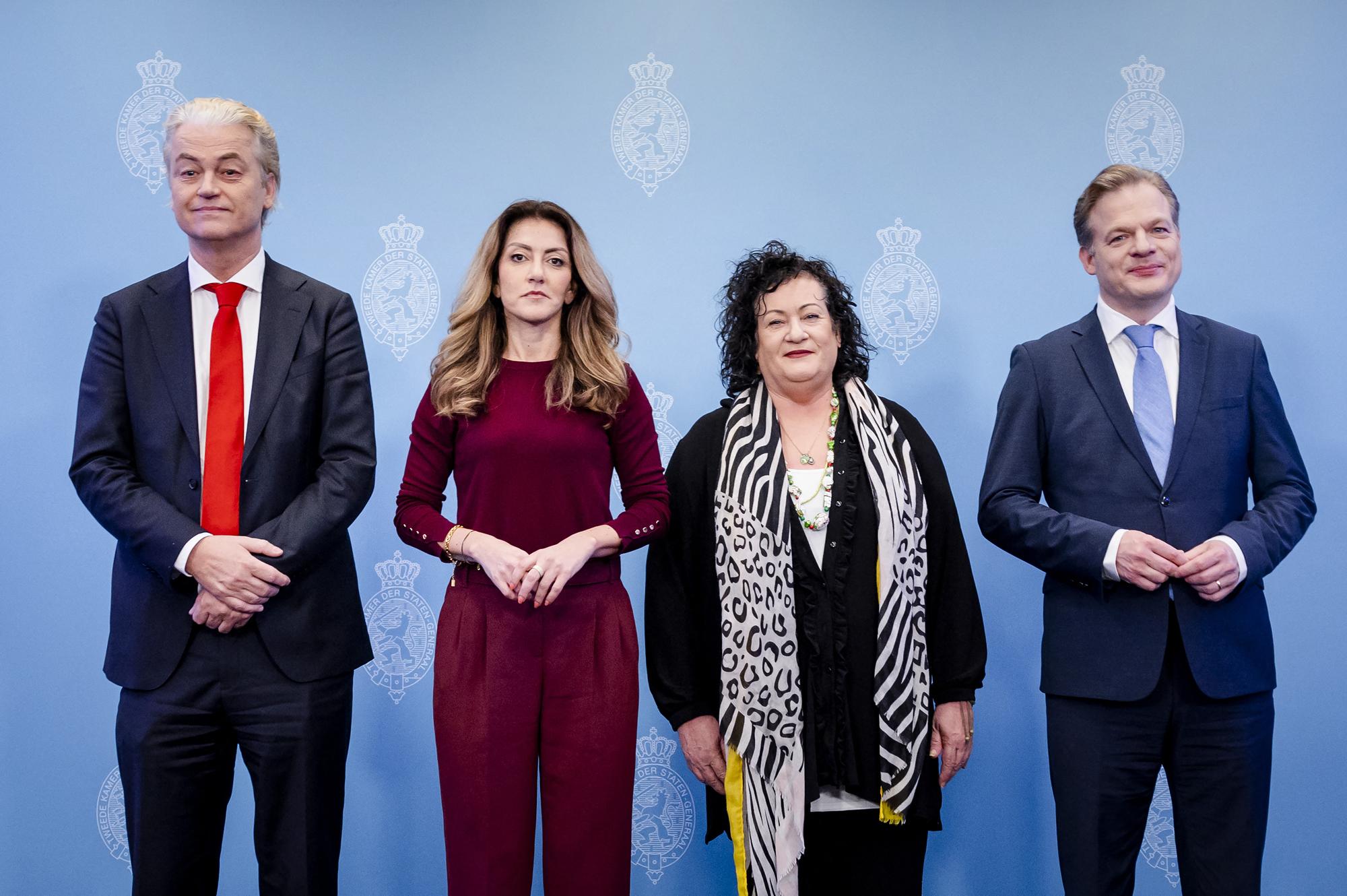 Geert Wilders (PVV), Dilan Yesilgoz (VVD), Caroline van der Plas (BBB) en Pieter Omtzigt (NSC)