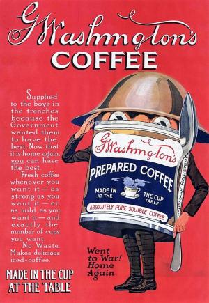 Na WO I werd de koffie hergelanceerd voor het publiek met de slogan ‘Went to War! Home Again’. Advertentie uit de New York Tribune van 22 juni 1919.© gf