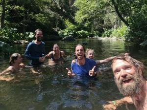 On the left in blue you see Karel and Anna on the right.  Henry is on the far right as the team cools off during the hot days.