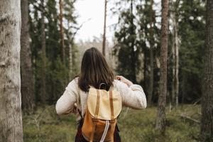 Rear view of woman exploring in forest during vacation