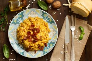 Risotto met geroosterde pompoen, salie, kastanje en pancetta