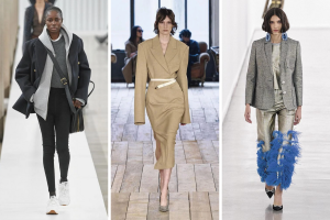 Les tendances de la rentrée? Le gris chez Miu Miu, la taille ceinturée chez Sportmax et les plumes chez Vali - DR