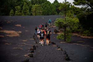 Touristes gravissant le volcan Tajogaite sur l'île de La Palma
