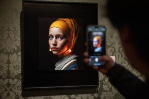 L’œuvre du berlinois Julian van Dieken, inspirée du tableau de Johannes Vermeer « Jeune fille à la perle », exposée au musée Mauritshuis de La Haye le 9 mars 2023.
