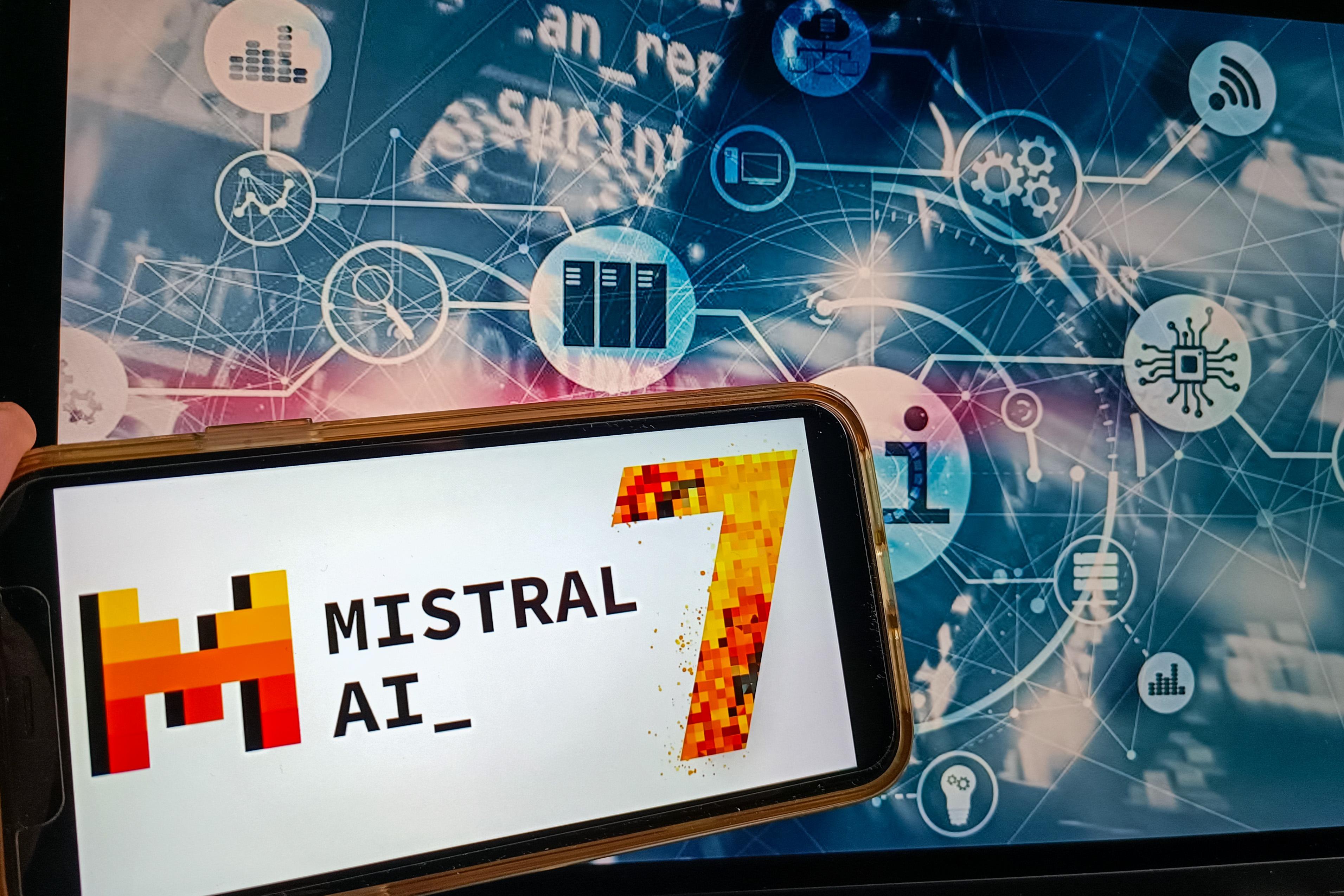 FRANCE, 2024-02-28. Illustration de MISTRAL AI. Mistral AI est une entreprise francaise fondee en avril 2023, specialisee dans le developpement de l intelligence artificielle (IA).