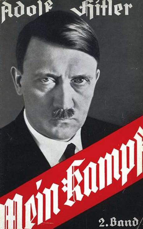 Foto van Mein Kampf, het politieke pamflet waarin Adolf Hitler zijn ideologie uit de doeken doet.