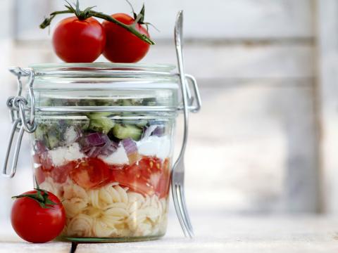 greek pasta and vegetables salad in a jar