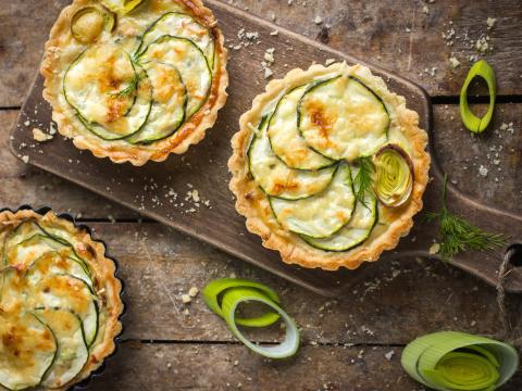 tart with zucchini, leek and cheese on rustic background, top view; Shutterstock ID 243223384