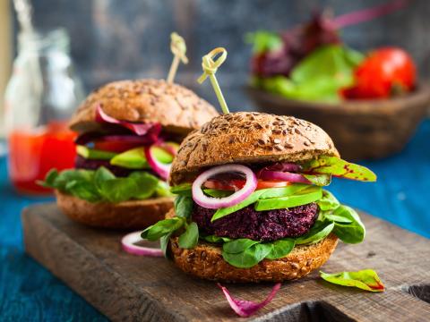 Veggie beet and quinoa burger with avocado; Shutterstock ID 267497981