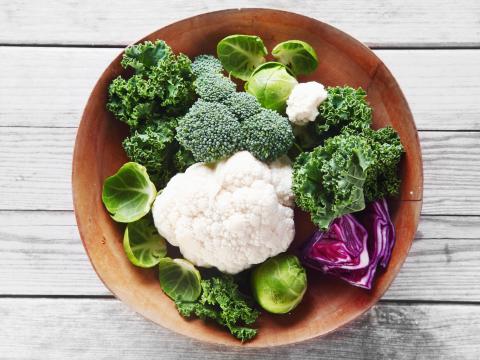 Close up Healthy Fresh Salad Ingredients with Broccoli, Cauliflower, Purple Cabbage and Brussels Sprout on Wooden Bowl, Placed on Wooden Table.; Shutterstock ID 245873122