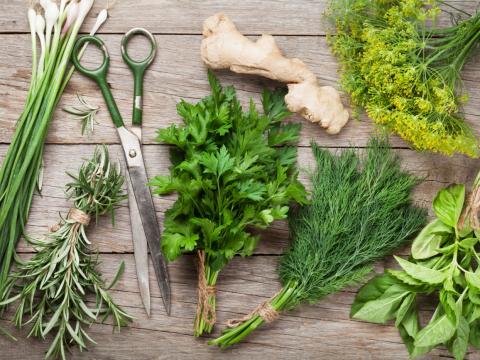 42663938 - fresh garden herbs on wooden table. top view