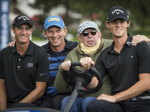 Tijdens de Optima Kings of Golf in 2015 met Nicolas Colsaerts, Marcel Siem en Thomas Pieters.© BELGA