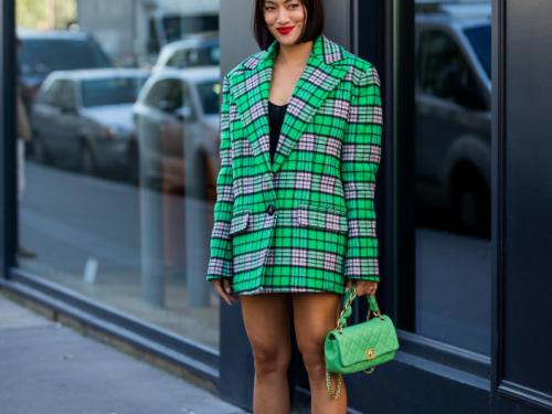 PARIS, FRANCE - SEPTEMBER 30: Tiffany Hsu seen wearing green checkered coat, Chanel bag outside Chloe during Paris Fashion Week - Womenswear Spring Summer 2022 on September 30, 2021 in Paris, France. (Photo by Christian Vierig/Getty Images)