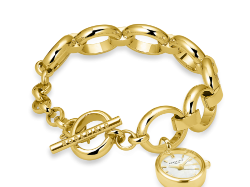 JuweelhorlogeEen juweel van een horloge: schakelarmband waaraan een horlogeklokje bengelt als een soort bedeltje (159 euro), van Rosefield.