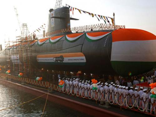 Een inhuldiging van een nieuwe Indische duikboot op 31 januari 2018.