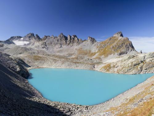 Blue Wildsee Lake at Pizol massif in Heidi-Land Bad Ragaz in the Swiss Alps, Switzerland, Europe