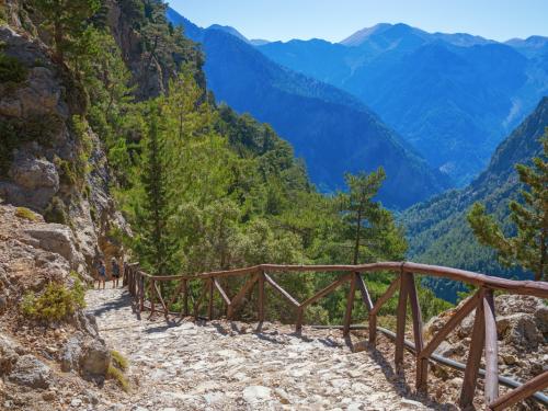 National Park of Samaria, Grecce, island Crete. Gorge Samaria. Magnificent view the top of the mountain. Forest path.