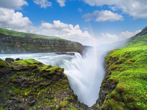 Gullfoss waterfall in the canyon of the mountains. Tourist Attraction Iceland. Beauty in nature