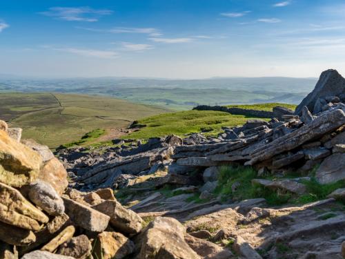 View over the Yorkshire Dales landscape from the Pen-Y-Ghent between Halton Gill and Horton in Ribblesdale, North Yorkshire, England, UK