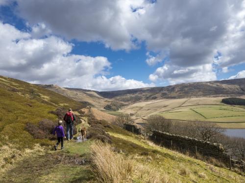 A man and girl walk their dog on a rough track above Kinder reservoir near Hayfield in the Peak District, Derbyshire. A sunny spring day with views to Kinder Scout beneath a sky of fluffy clouds.