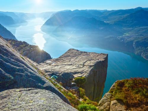Preikestolen massive cliff (Norway, Lysefjorden summer morning view)