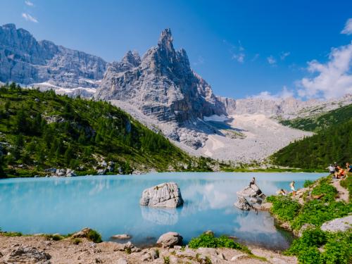 Morning with clear sky on Lago di Sorapis in the Italian Dolomites, milky blue lake Lago di Sorapis, Lake Sorapis, Dolomites, Italy.