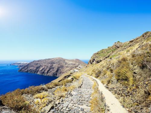 "Walkway Path from Fira to Oia along the beautiful Caldera Coastline of Santorini Island in the Mediterranean Sea. Santorini, Greece."