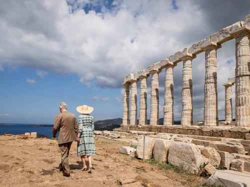 Queen Mathilde of Belgium and King Philippe - Filip of Belgium pictured during a visit to the Temple of Poseidon, on the second day of a three days state visit of the Belgian royal couple to Greece, Tuesday 03 May 2022, in Sounio.BELGA PHOTO BENOIT DOPPAGNE