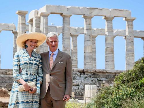Queen Mathilde of Belgium and King Philippe - Filip of Belgium pose during a visit to the Temple of Poseidon, on the second day of a three days state visit of the Belgian royal couple to Greece, Tuesday 03 May 2022, in Sounio.
BELGA PHOTO BENOIT DOPPAGNE