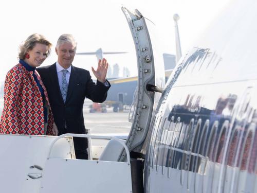 Queen Mathilde of Belgium and King Philippe - Filip of Belgium pictured at the official departure ceremony on the first day of a three days state visit of the Belgian royal couple to Greece, Monday 02 May 2022, in Melsbroek, Brussels. BELGA PHOTO BENOIT DOPPAGNE