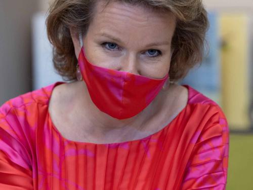 Queen Mathilde of Belgium pictured during a visit to Smile of the Child Project on the first day of a three days state visit of the Belgian royal couple to Greece, Monday 02 May 2022, in Athens. BELGA PHOTO BENOIT DOPPAGNE