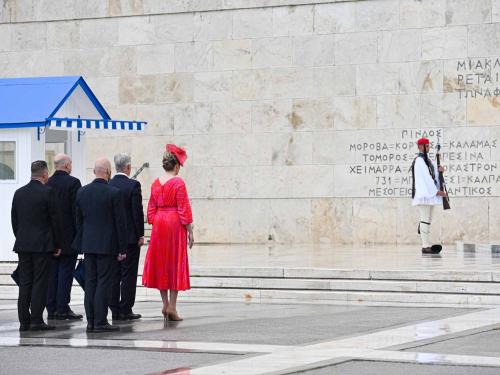Queen Mathilde of Belgium and King Philippe - Filip of Belgium pictured during the wreath laying ceremony at the Tomb of the Unknown Soldier on the first day of a three days state visit of the Belgian royal couple to Greece, Monday 02 May 2022, in Athens.
BELGA PHOTO POOL FREDERIC ANDRIEU