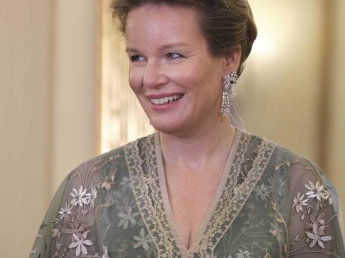 Queen Mathilde of Belgium pictured at the start of a state dinner with president Sakellaropoulou on the first day of a three days state visit of the Belgian royal couple to Greece, Monday 02 May 2022, in Athens.BELGA PHOTO POOL OLIVIER POLET