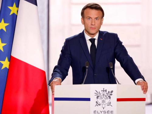 Emmanuel Macron delivers a speech at the Elysee presidential palace in Paris on May 7, 2022, during his investiture ceremony as French President, following his re-election last April 24. (Photo by Ludovic MARIN / AFP)