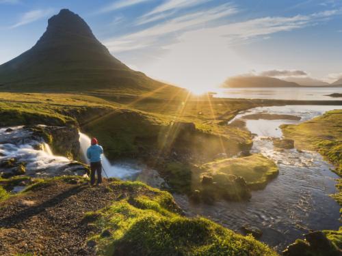 Sunlight and Kirkjufell mountain in Morning, Summer, Iceland