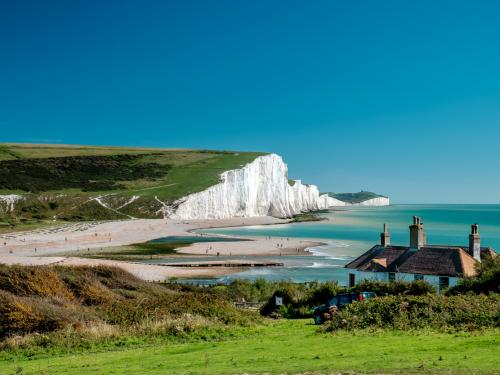 Seven Sisters chalk cliffs at Sussex with the clear blue sky