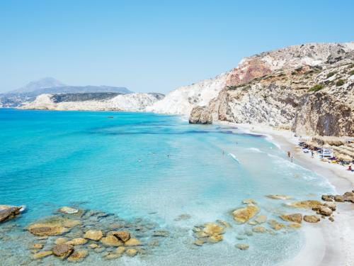 Milos, Greece. Firiplaka beach with stunning turquoise waters is one of the most popular in Milos